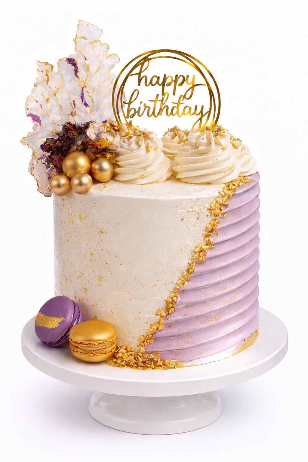 Purple & White Birthday Cake with Macarons