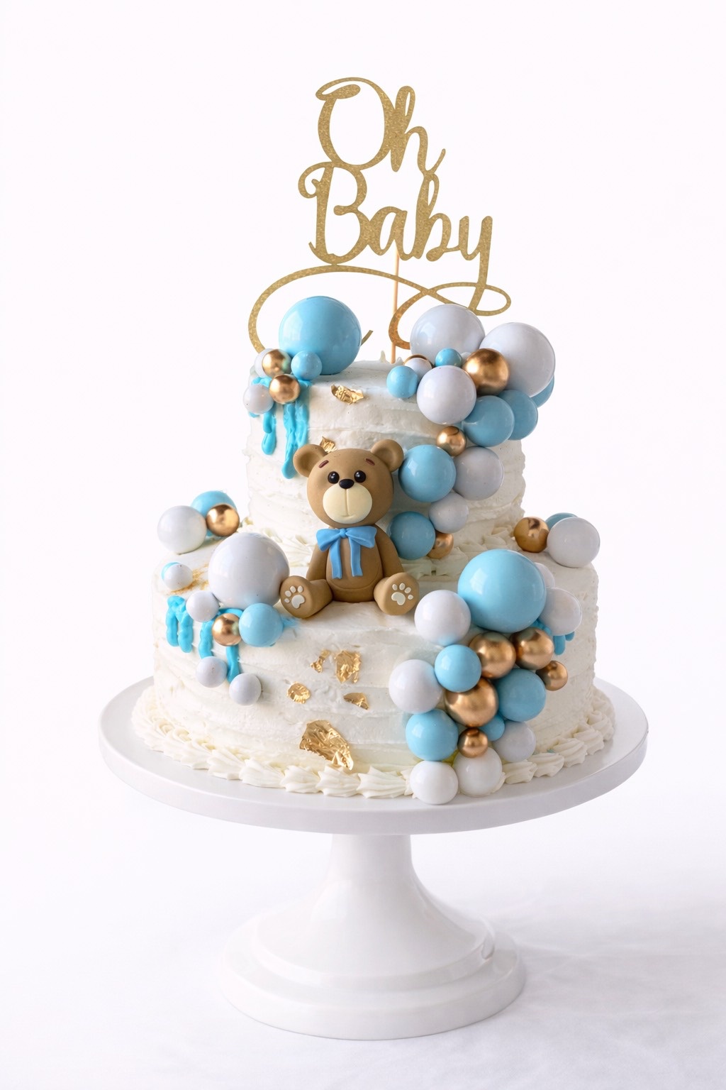 Blue Baby Shower Cake with Teddy Bear